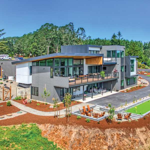 Aerial view of an industrial modern home built by Mike Riddle Construction Industrial Modern Retreat
