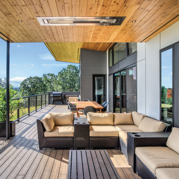 An outdoor deck of a modern home featuring industrial design built by Mike Riddle Construction An outdoor deck of a modern home featuring industrial design built by Mike Riddle Construction